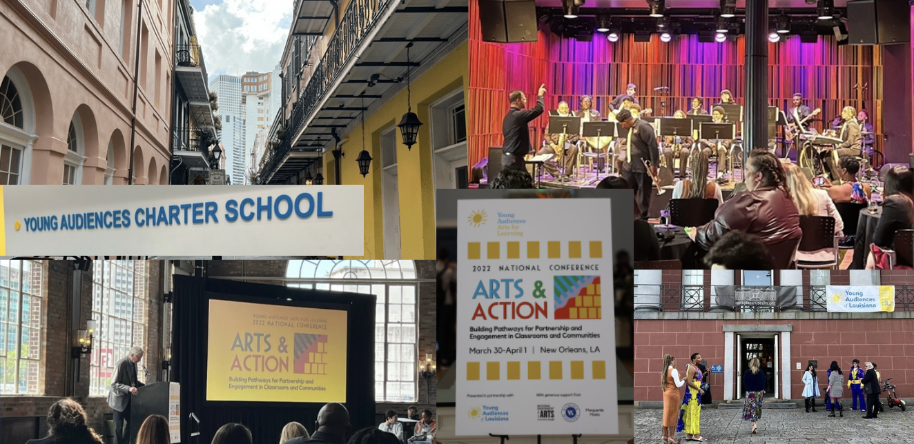 Collage of photos from YA 2022 National Conference in new orleans showing charter school, host party, signage, and museum entrance