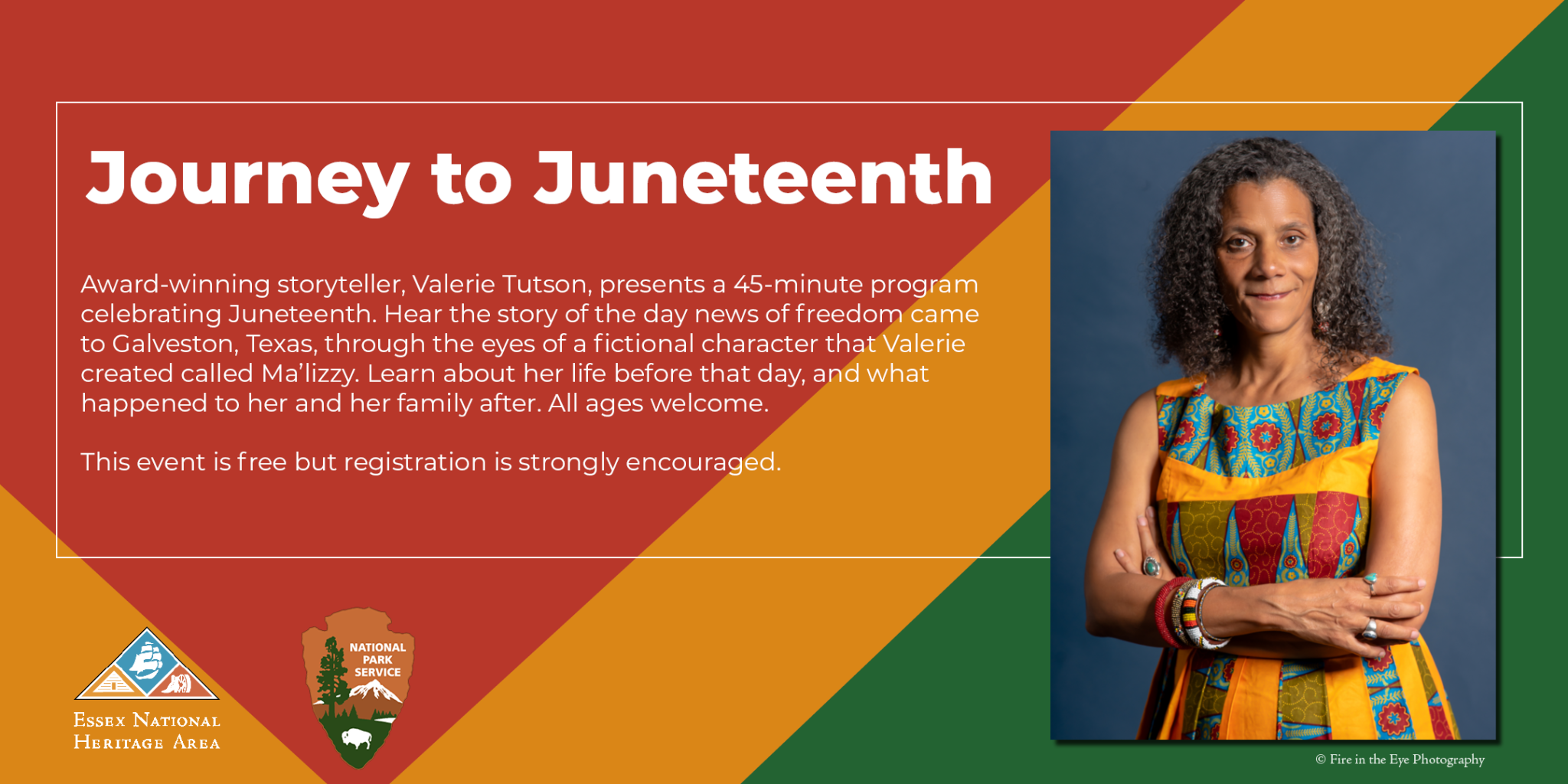 Journey to Juneteeth promotional graphic in red yellow and green with teaching artist headshot