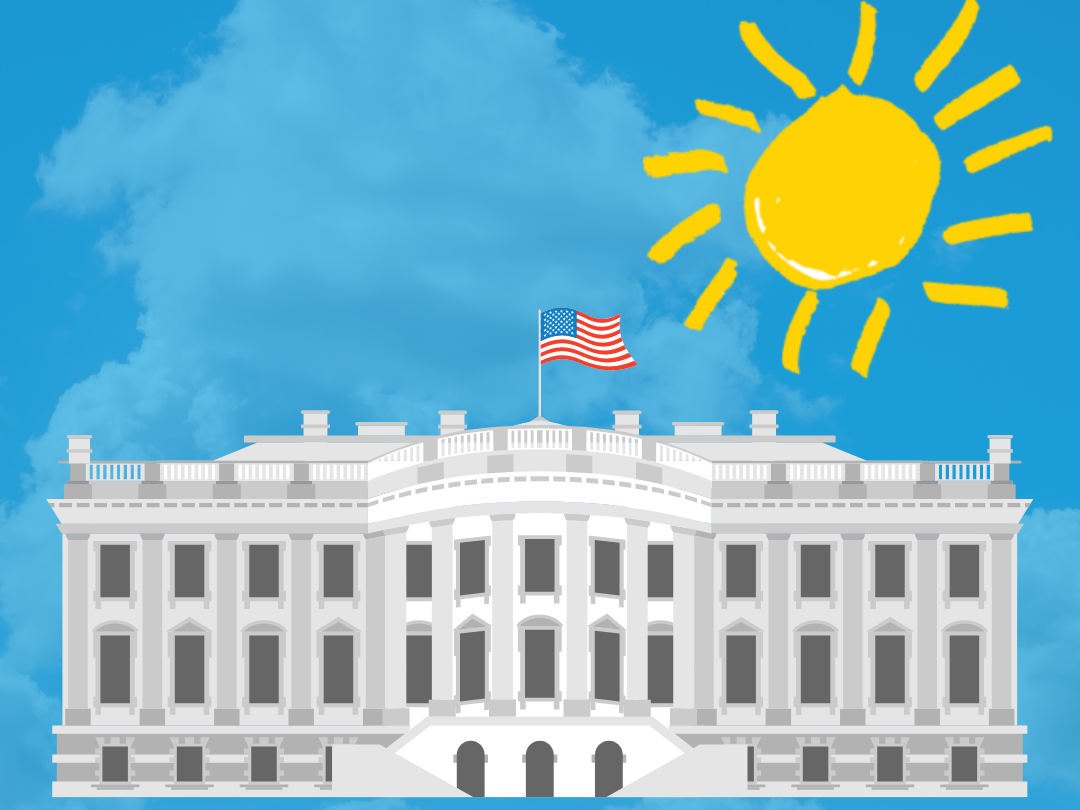 White House illustration with YA sun on blue cloud background
