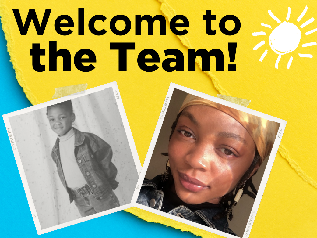 yellow and blue paper background with photos of Taya Jackson as a kid and today, with the worse, Welcome To The Team!
