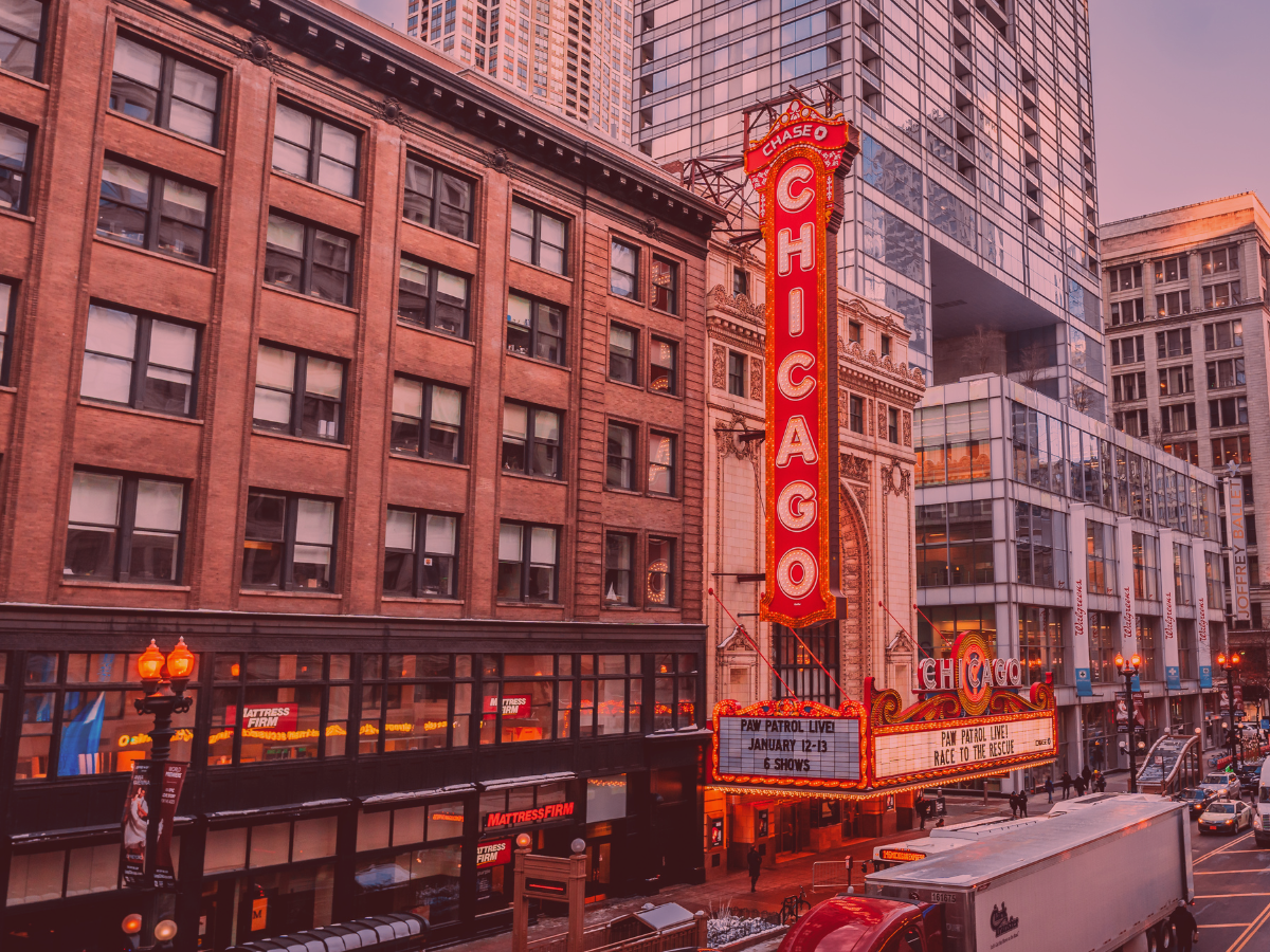 Downtown Chicago street scene with red overlay