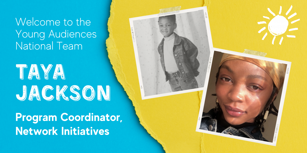 yellow and blue paper background with photos of Taya Jackson as a kid and today, with the worse, Welcome To The Team!