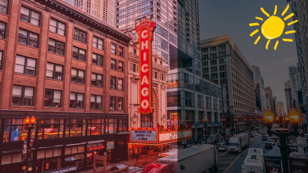 Downtown Chicago street scene with blocked red / black overlay