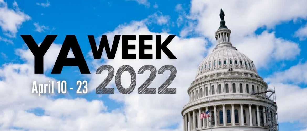 Text over picture of US Capitol with blue sky and clouds, reads "YA Week 2022 April 10-23"