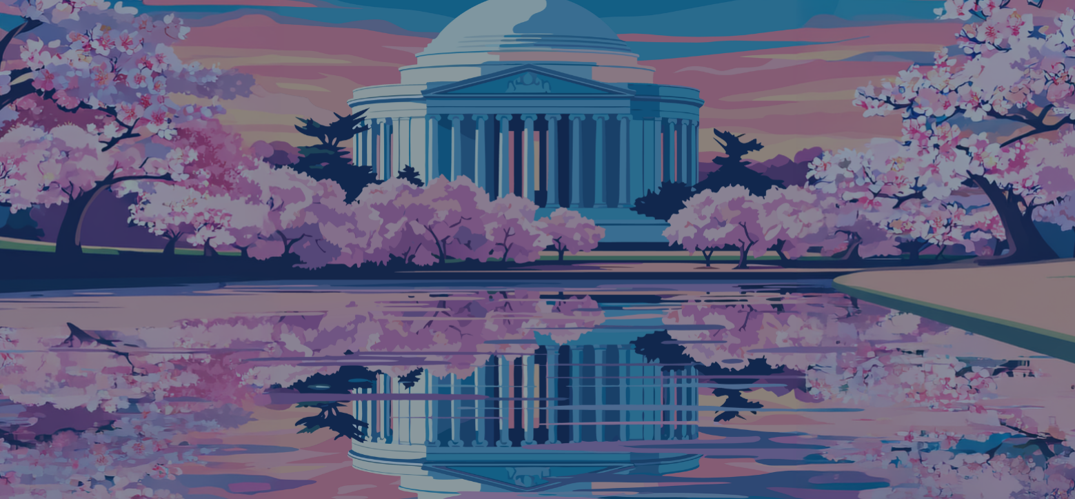 Illustrated graphic of Jefferson Memorial framed by cherry blossoms